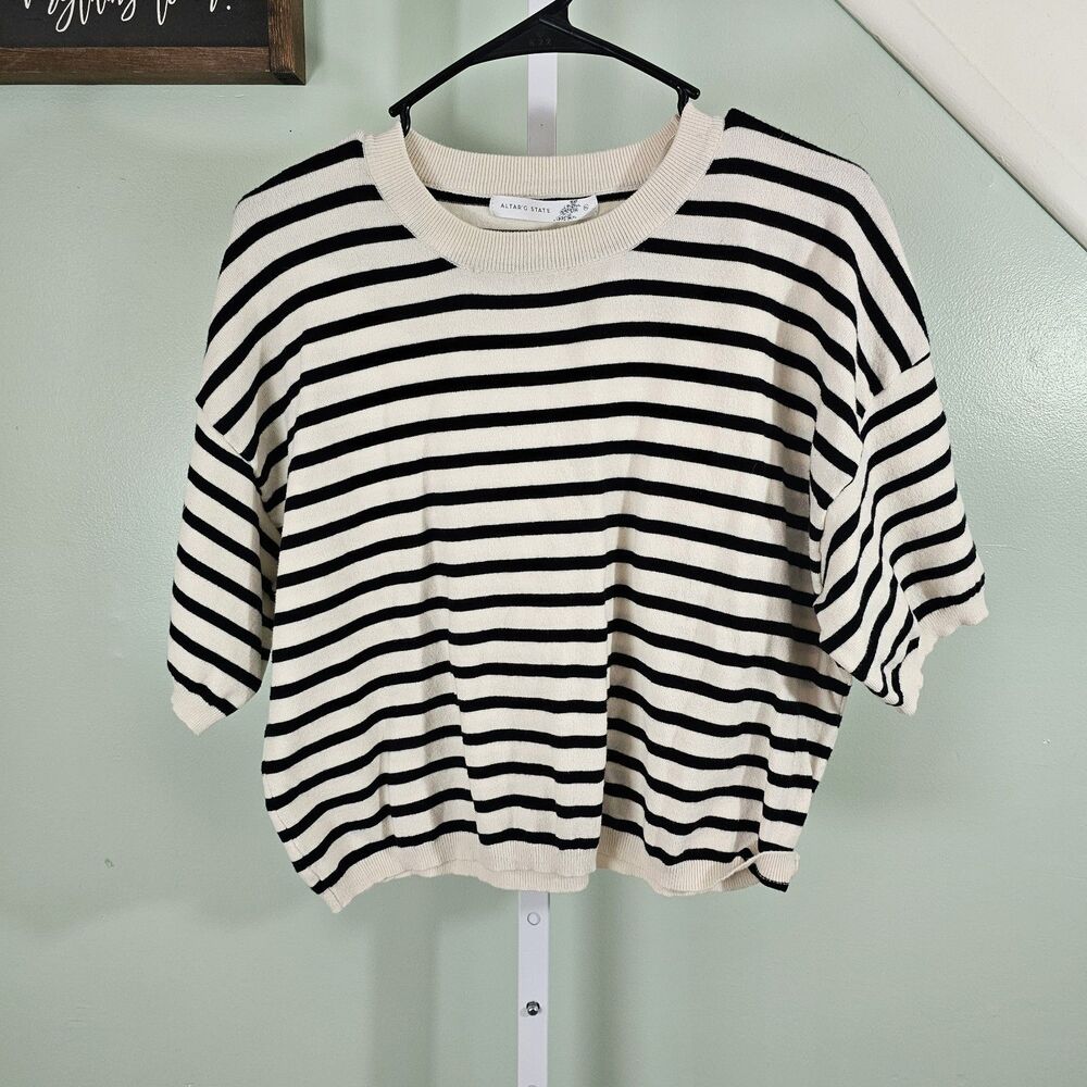 Alter'd State Women's Cropped Knit Short Sleeve Sweater Black/Cream Size XL‎